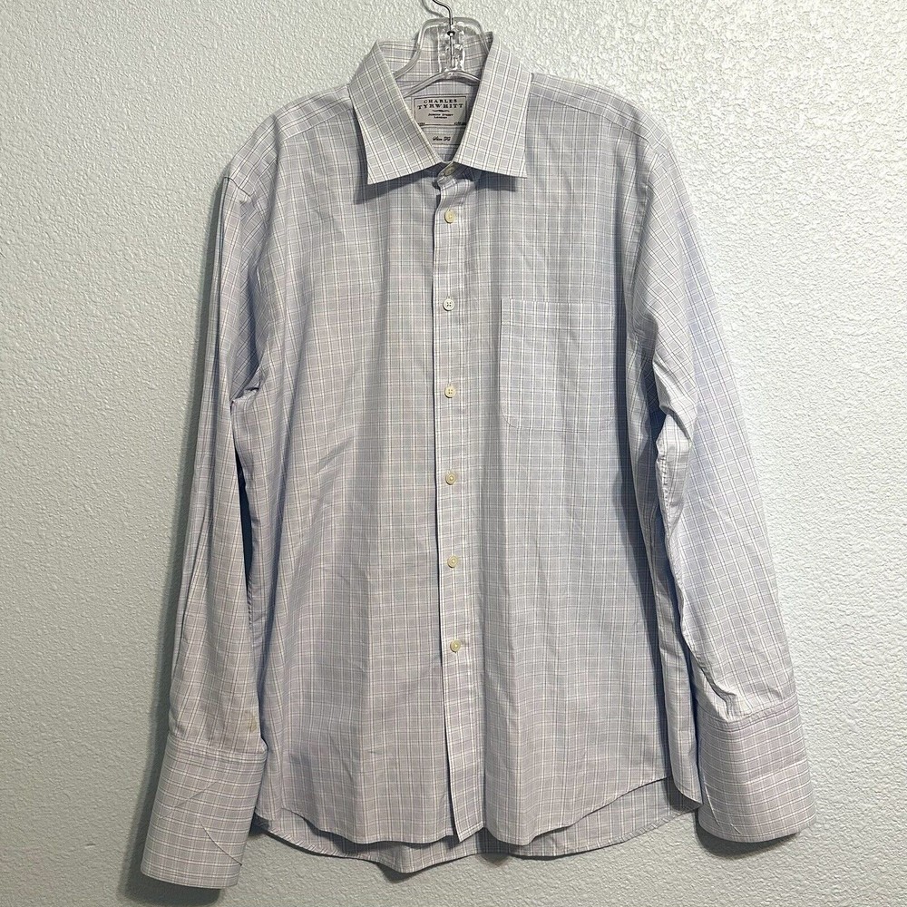Charles Tyrwhitt Mens Check Button Up French Cuff Shirt Size 17/35 Slim Fit Blue - Picture 1 of 10